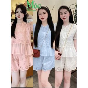 Set bộ đùi, set TK ren hoa nổi cao cấp phối ren bèo hàng 2 lớp mặc hè du lịch đi biển thoáng mát