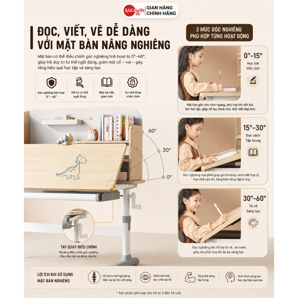 (Bản Cải Tiến) Bàn học thông minh Sakawin S110 Bàn học cho bé Khung thép sơn tĩnh điện chống rỉ Mặt bàn cốt gỗ tự nhiên.