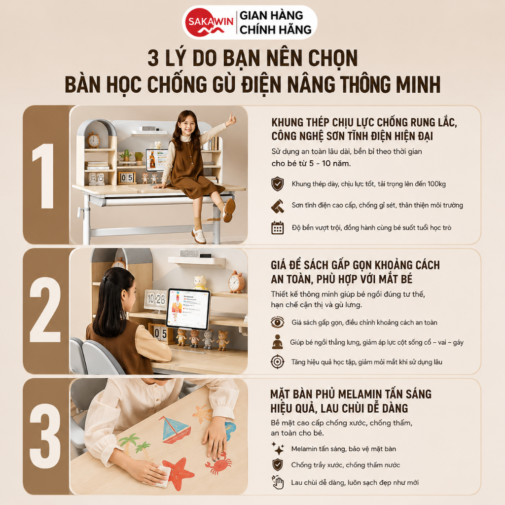 (Bản Cải Tiến) Bàn học thông minh Sakawin S110 Bàn học cho bé Khung thép sơn tĩnh điện chống rỉ Mặt bàn cốt gỗ tự nhiên.