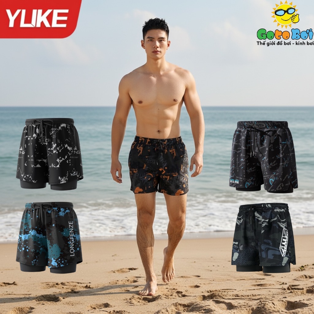 Quần bơi nam 2 lớp, Quần thể thao chống lộ ống suông YUKE, nhanh khô, nhập khẩu chính hãng