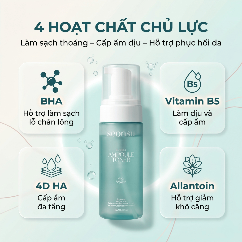 Toner Tạo Bọt SEONSU Bubbly Ampoule Toner 150ml BHA B5 HA 4D, Cấp Ẩm Làm Dịu Cho Da Dầu Dễ Bí