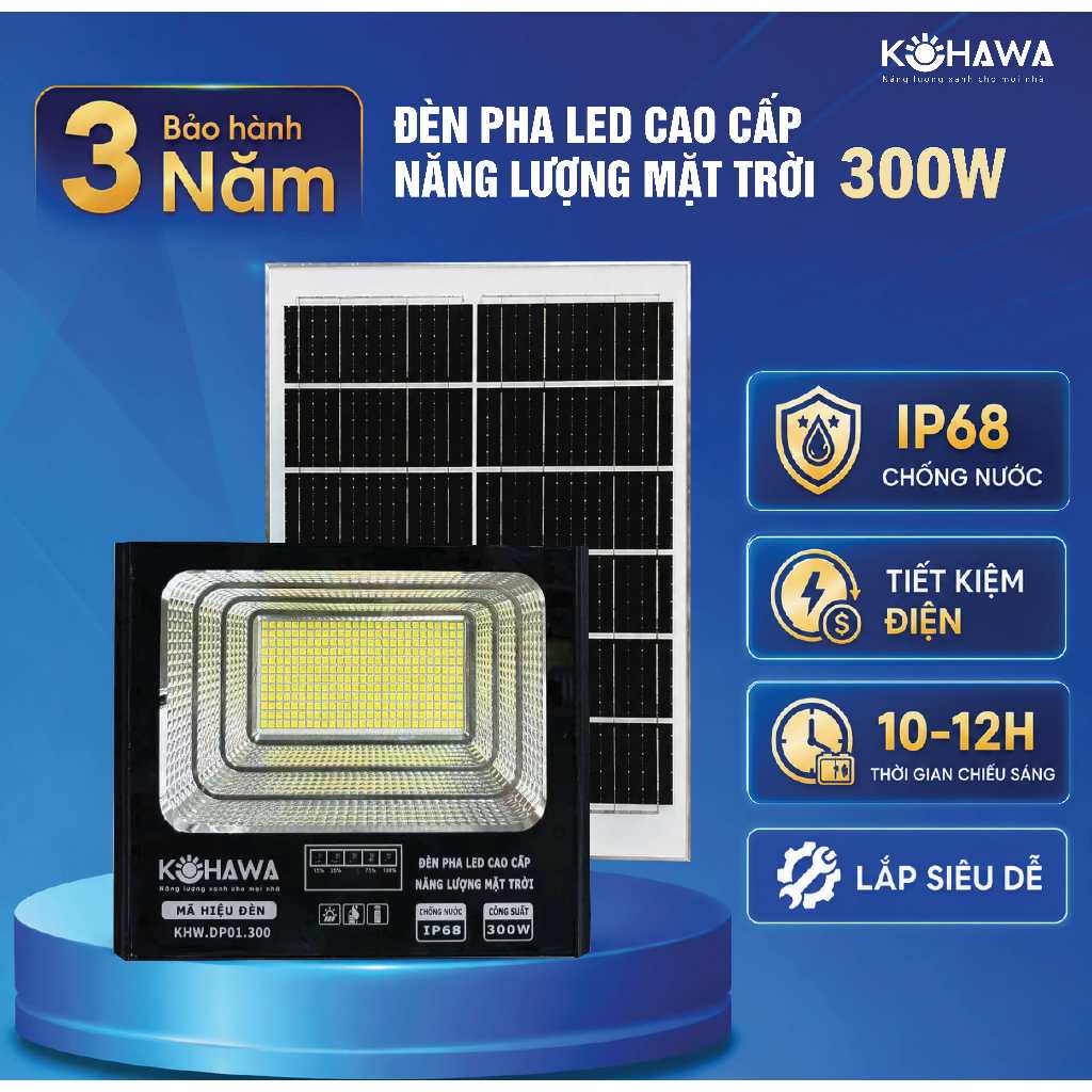 Đèn Pha LED Năng Lượng Mặt Trời 300W KOHAWA- Chống Nước IP68- Pin 40.000mAh- Vỏ nhôm cao cấp- K.DP01.300