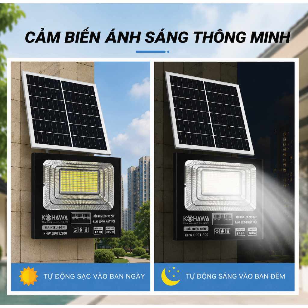 Đèn Pha LED Năng Lượng Mặt Trời 300W KOHAWA- Chống Nước IP68- Pin 40.000mAh- Vỏ nhôm cao cấp- K.DP01.300