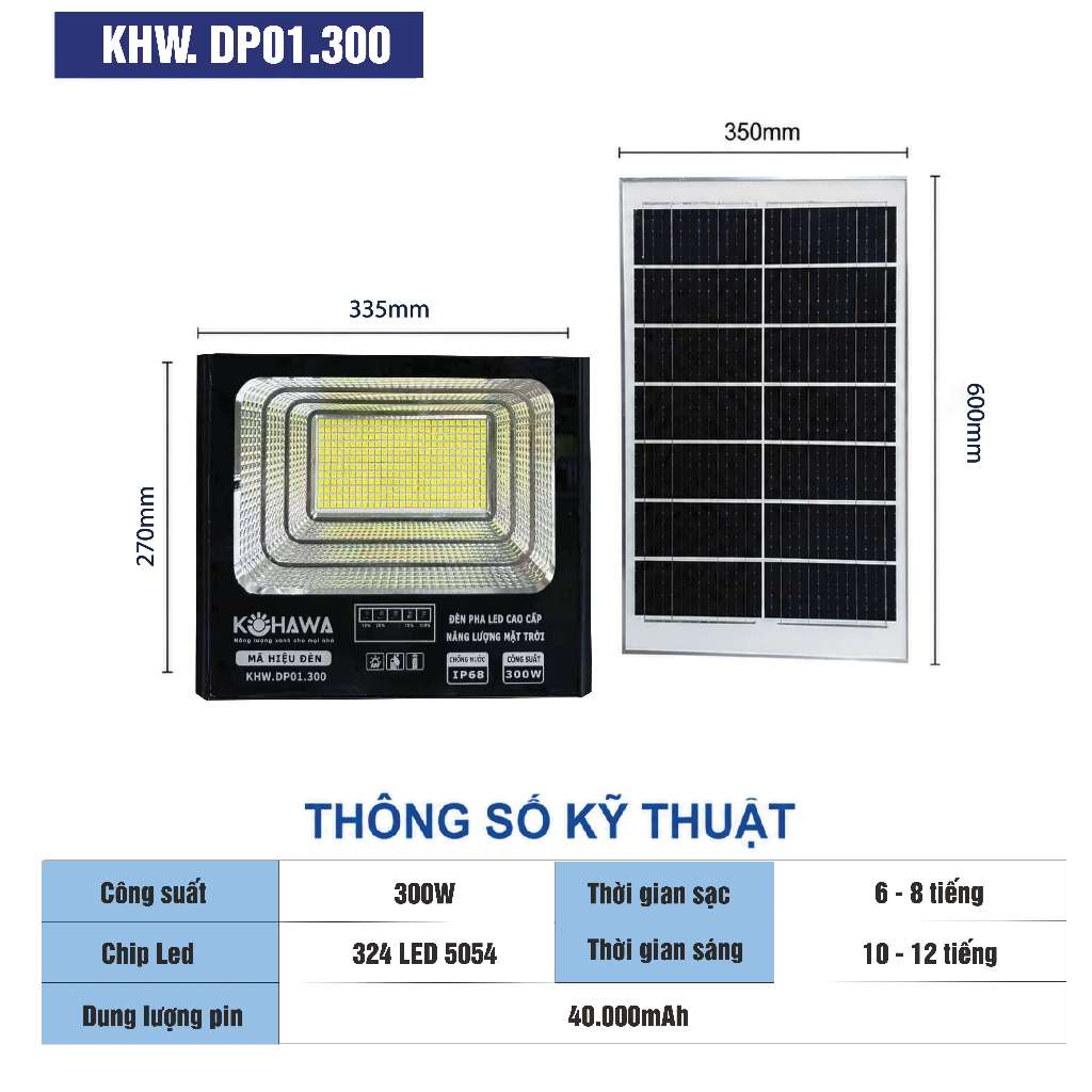Đèn Pha LED Năng Lượng Mặt Trời 300W KOHAWA- Chống Nước IP68- Pin 40.000mAh- Vỏ nhôm cao cấp- K.DP01.300