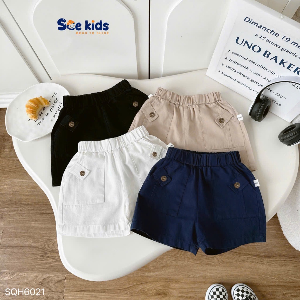 Quần kaki phối túi, quần shorts kaki mềm đứng form phối túi ốp đính cúc cá tính cho bé