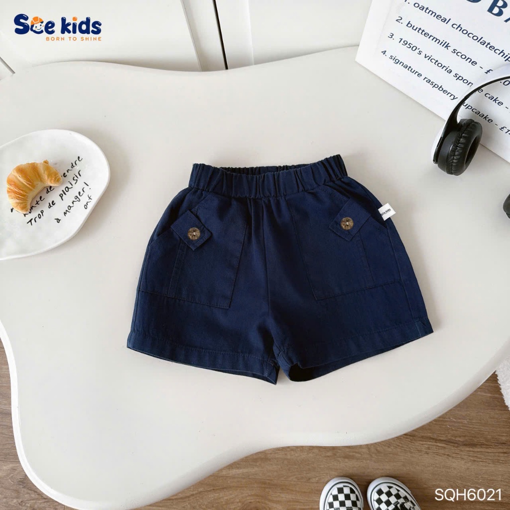 Quần kaki phối túi, quần shorts kaki mềm đứng form phối túi ốp đính cúc cá tính cho bé