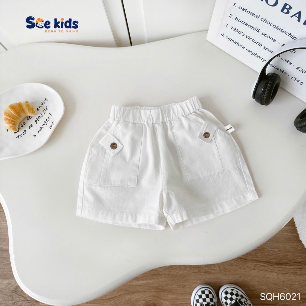 Quần kaki phối túi, quần shorts kaki mềm đứng form phối túi ốp đính cúc cá tính cho bé