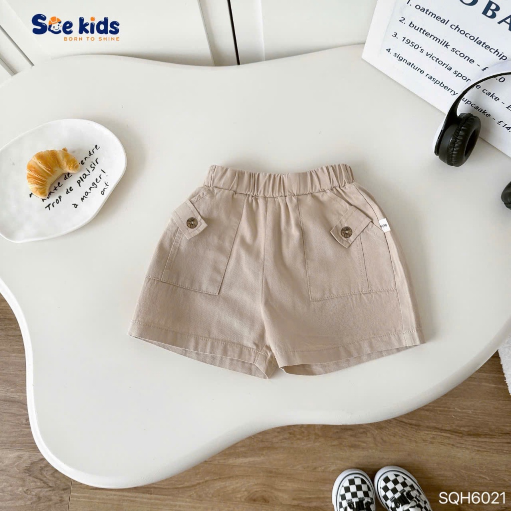 Quần kaki phối túi, quần shorts kaki mềm đứng form phối túi ốp đính cúc cá tính cho bé