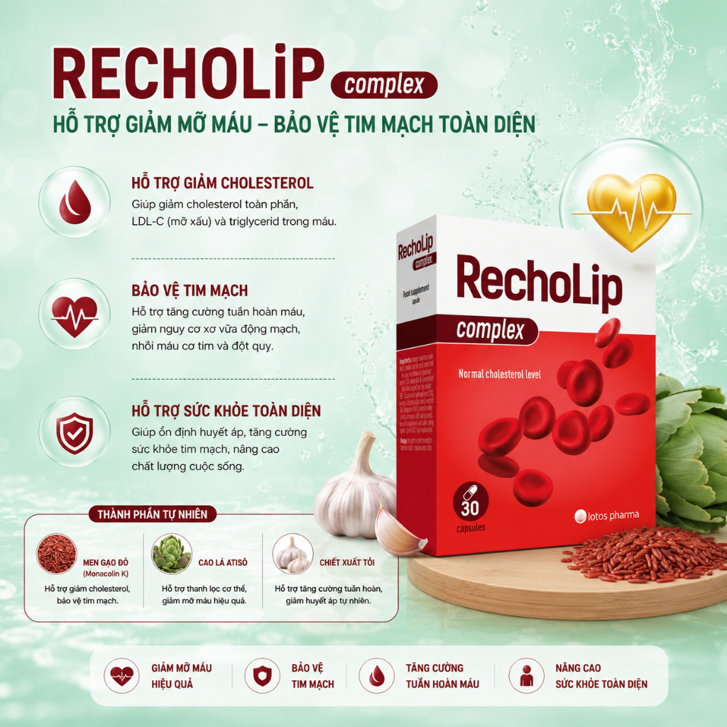 Viên Uống Hỗ Trợ Giảm Mỡ M/á/u-RECHOLIP COMPLEX . Hạ Cholesterol, Ngày uống 1 viên, Hộp 30 viên, Việt Nam