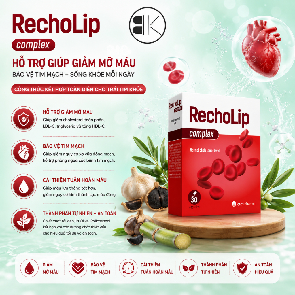 Viên Uống Hỗ Trợ Giảm Mỡ M/á/u-RECHOLIP COMPLEX . Hạ Cholesterol, Ngày uống 1 viên, Hộp 30 viên, Việt Nam