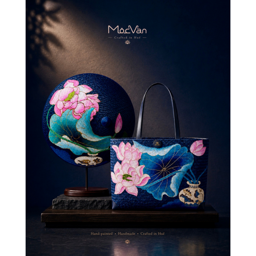 Túi Cỏ Bàng Tote Neverfull & Nón Cỏ Bàng Vẽ Tay Hoa Sen | Mộc Vân