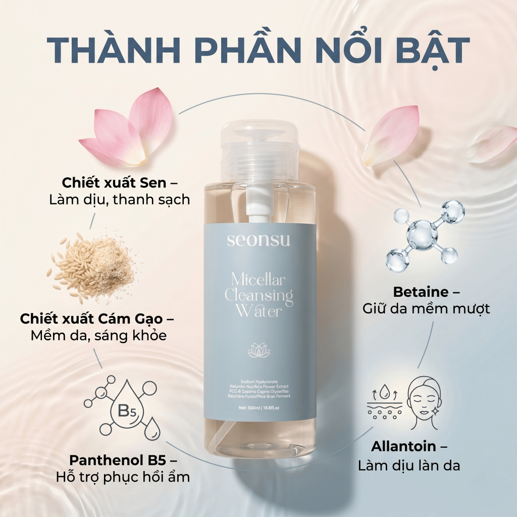 Nước Tẩy Trang SEONSU Micellar Cleansing Water 500ml Dịu Nhẹ Cho Mọi Loại Da, Có B5 Allantoin Betaine