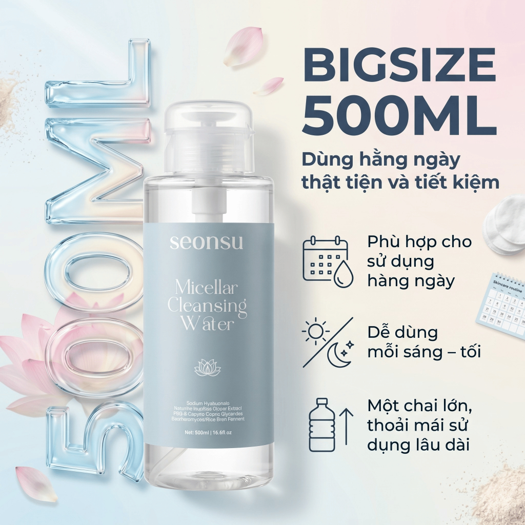 Nước Tẩy Trang SEONSU Micellar Cleansing Water 500ml Dịu Nhẹ Cho Mọi Loại Da, Có B5 Allantoin Betaine