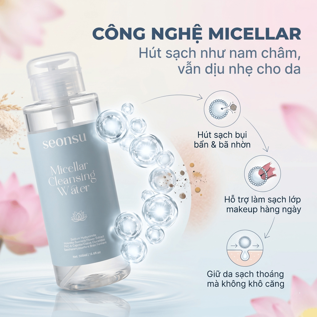 Nước Tẩy Trang SEONSU Micellar Cleansing Water 500ml Dịu Nhẹ Cho Mọi Loại Da, Có B5 Allantoin Betaine