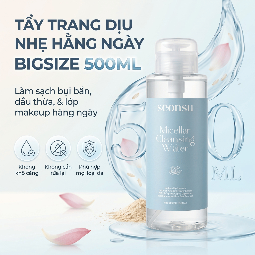 Nước Tẩy Trang SEONSU Micellar Cleansing Water 500ml Dịu Nhẹ Cho Mọi Loại Da, Có B5 Allantoin Betaine