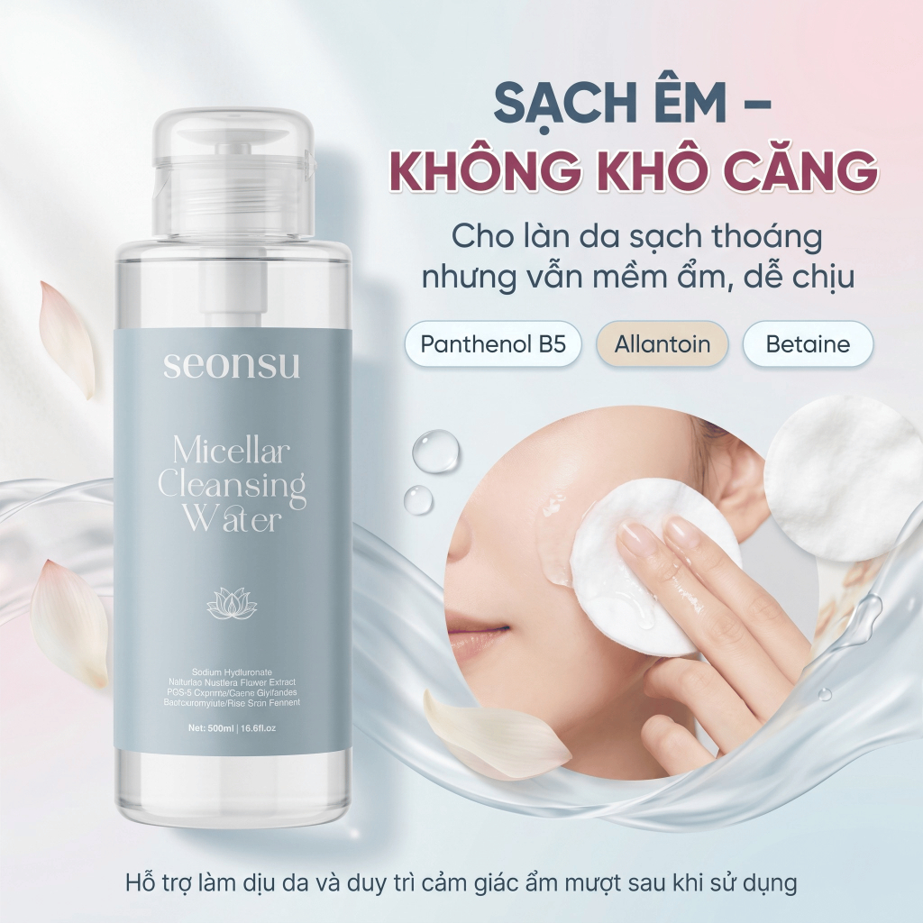 Nước Tẩy Trang SEONSU Micellar Cleansing Water 500ml Dịu Nhẹ Cho Mọi Loại Da, Có B5 Allantoin Betaine