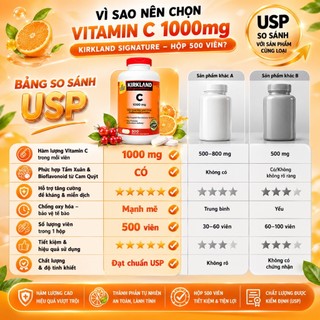 [CHÍNH HÃNG] Viên uống Vitamin C 1000mg Kirkland Signature Hỗ trợ miễn dịch, Tăng đề kháng, Làm đẹp da - Hộp 500 viên