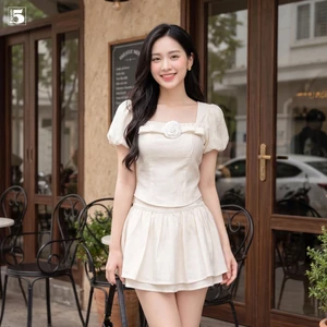 Set bộ Twentyfive áo tay bồng cổ vuông có đính hoa và chân váy ngắn dáng xòe SAVH83
