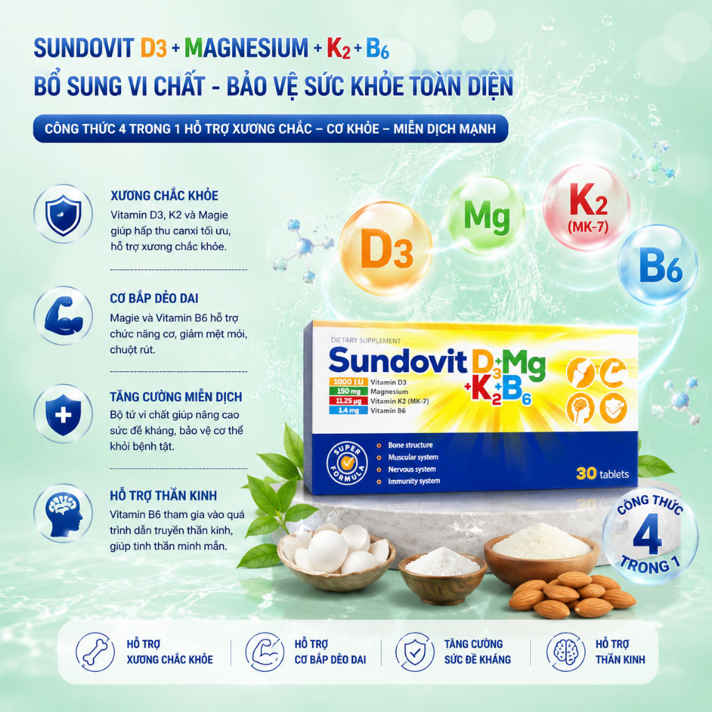 Viên Uống Sundovit D3+K2+Mg+B6 - Chắc Khỏe Xương, Phát Triển Cơ Bắp & Tăng Cường Miễn Dịch