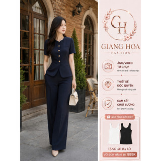 VT250828 - XANH THAN SET ÁO CỔ TRÒN QUẦN ỐNG SUÔNG