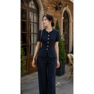 VT250828 - XANH THAN SET ÁO CỔ TRÒN QUẦN ỐNG SUÔNG