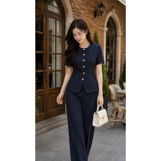 VT250828 - XANH THAN SET ÁO CỔ TRÒN QUẦN ỐNG SUÔNG