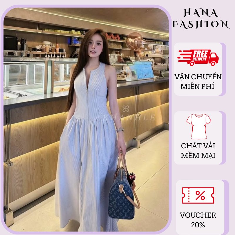 Đầm maxi sát nách kẻ sọc tăm nhỏ dáng hạ eo khóa kéo ngực váy dài xòe rộng bồng bềnh đi du lịch HCOM27299