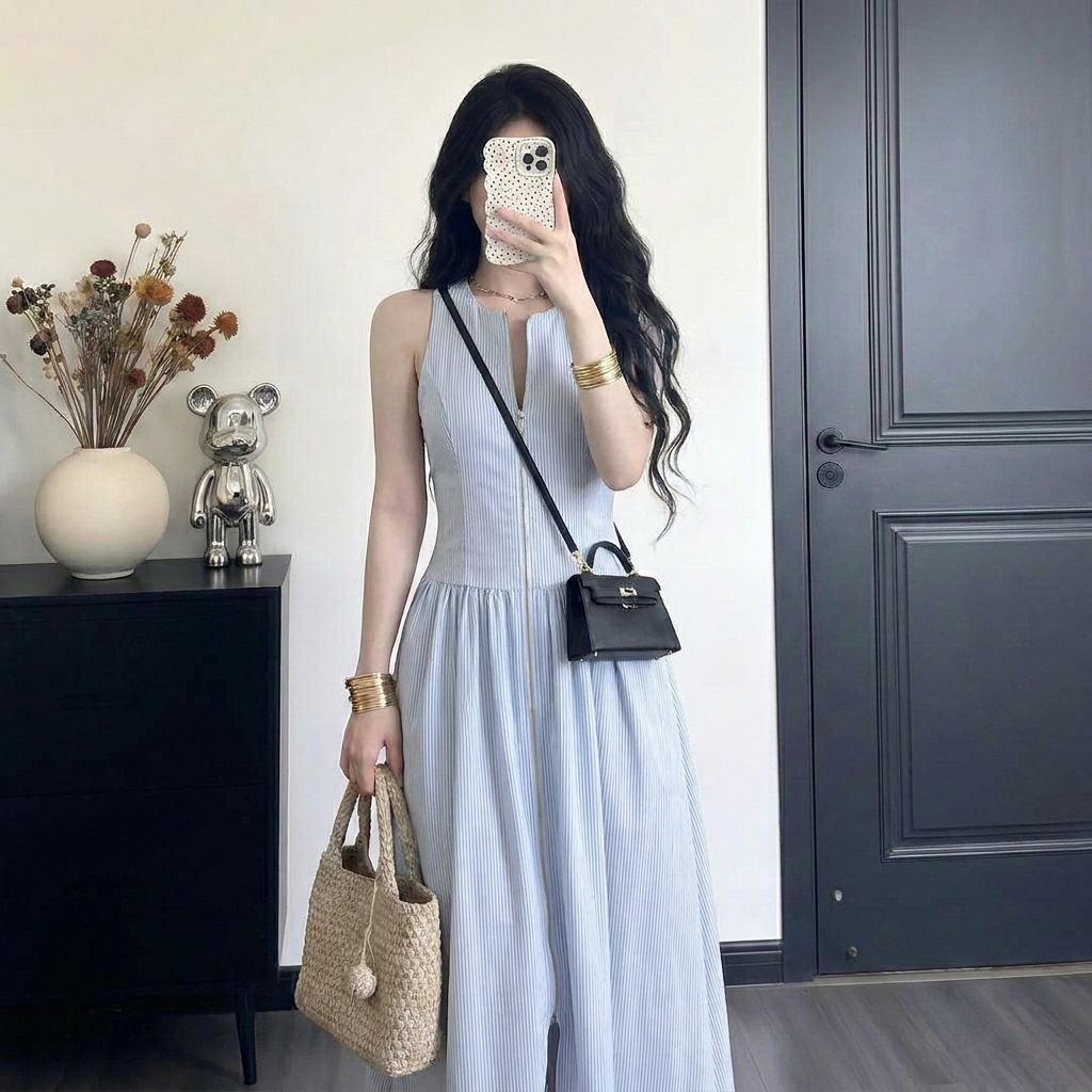 Đầm maxi sát nách kẻ sọc tăm nhỏ dáng hạ eo khóa kéo ngực váy dài xòe rộng bồng bềnh đi du lịch HCOM27299