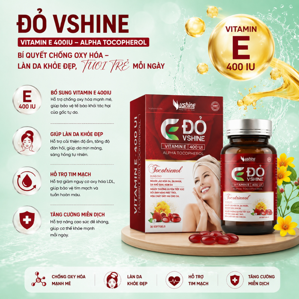 Vitamin E Đỏ VShine - Ngăn Ngừa Lão Hóa, Giảm Nám & Làm Đẹp Da (Lọ 30 Viên)