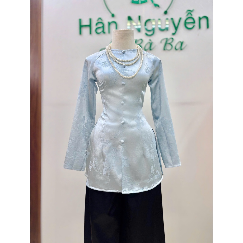 B.a182 Áo Bà Ba GấM HoA HảI ĐườnG CácH ĐiệU Cổ TrÒn TAy DÀi DâY KÉo NÚt Nụ BọC (QUẦN NGỌC TRAI)