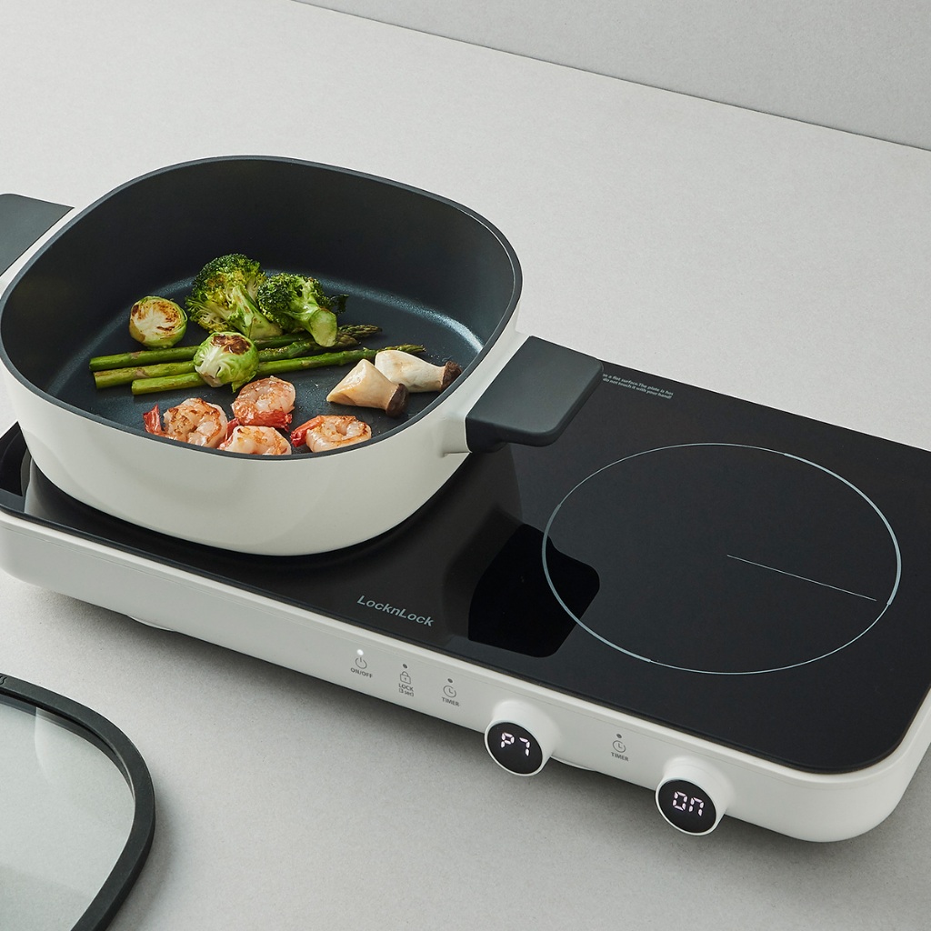 Bếp Điện Từ Đôi LocknLock Square Double Induction EJI326WHT Trắng, Mặt Kính, 1300W-1500W - K-MALL