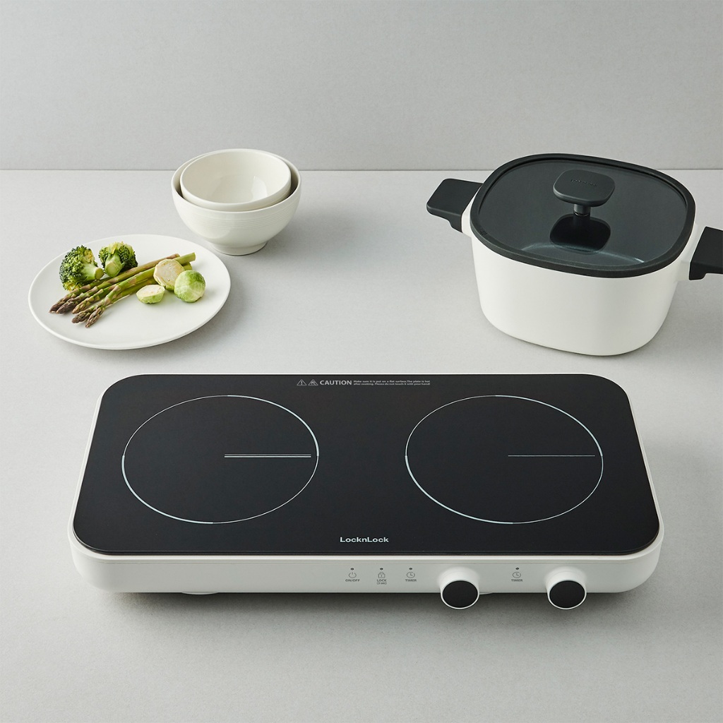 Bếp Điện Từ Đôi LocknLock Square Double Induction EJI326WHT Trắng, Mặt Kính, 1300W-1500W - K-MALL