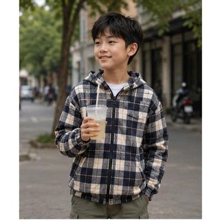 Áo khoác chống nắng có mũ trùm đầu bằng vải flannel cotton,tay dài,họa tiết kẻ caro,dáng rộng,unisex.