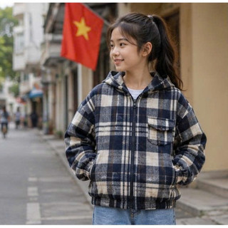 Áo khoác chống nắng có mũ trùm đầu bằng vải flannel cotton,tay dài,họa tiết kẻ caro,dáng rộng,unisex.