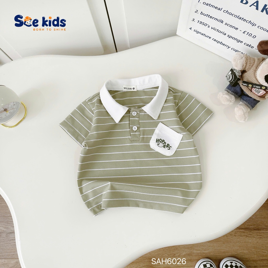 Áo polo kẻ phối túi ốp bé trai, áo thun kẻ ngang cổ đức phối túi cho bé