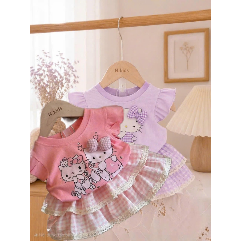 SÉT bộ cho bé Hello Kitty VÁY 2 TẦNG REN có lót trong chất tăm gân SZ 7-19 KG siêu đáng yêu,co giãn mềm mịn mặc mát