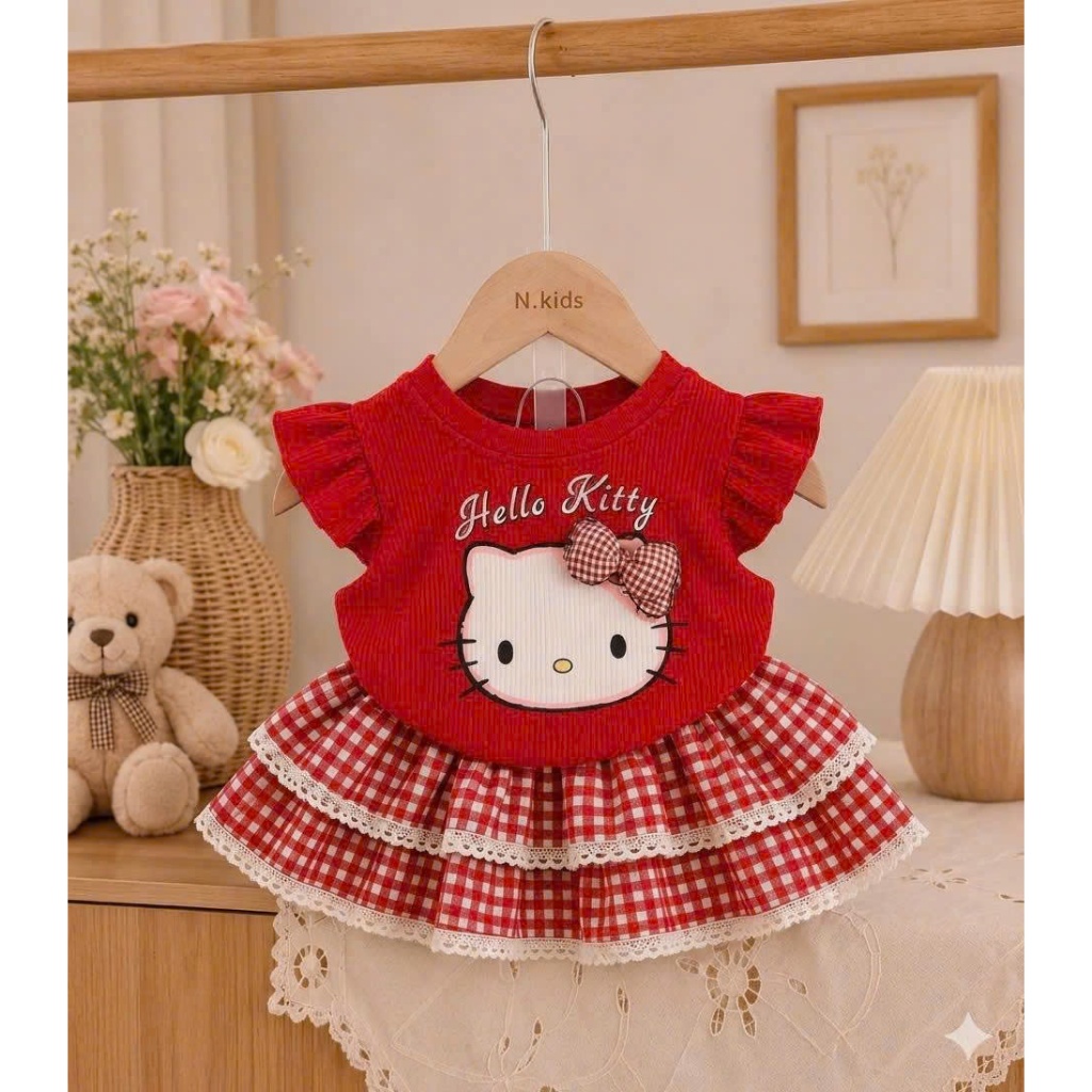 SÉT bộ cho bé Hello Kitty VÁY 2 TẦNG REN có lót trong chất tăm gân SZ 7-19 KG siêu đáng yêu,co giãn mềm mịn mặc mát