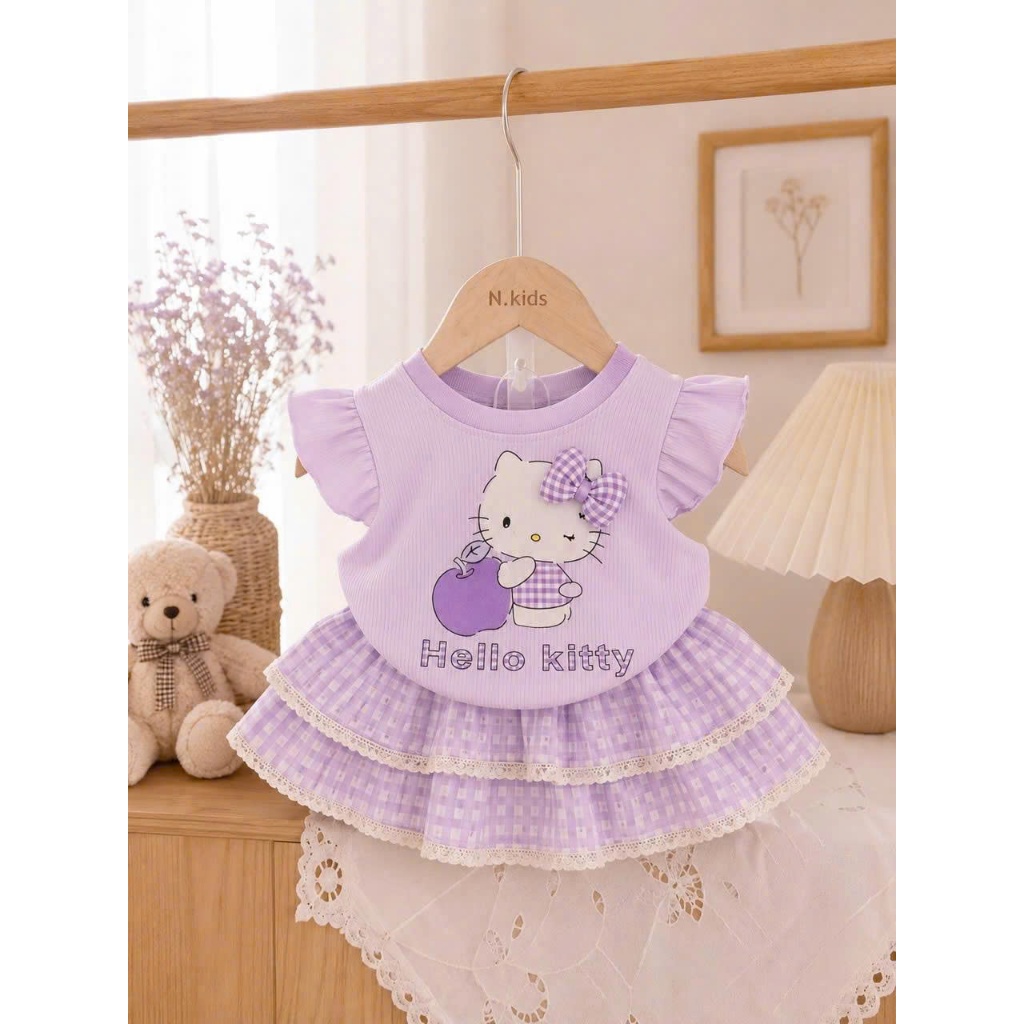 SÉT bộ cho bé Hello Kitty VÁY 2 TẦNG REN có lót trong chất tăm gân SZ 7-19 KG siêu đáng yêu,co giãn mềm mịn mặc mát