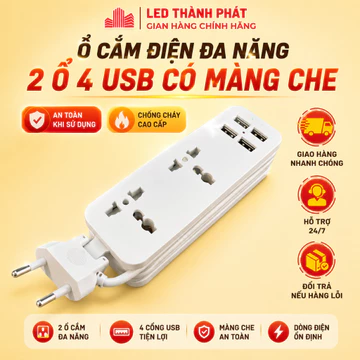 Ổ cắm du lịch kéo dài quấn gọn 1.5 mét có màng che bảo vệ trẻ em, Ổ cắm điện đa năng 2 Ổ 4 USB