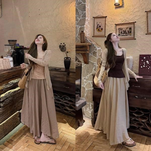 Set bộ 3 món nữ chân váy maxi dài xòe bồng áo hai dây ôm kèm áo khoác cardigan mỏng phong cách nàng thơ HCOM27304