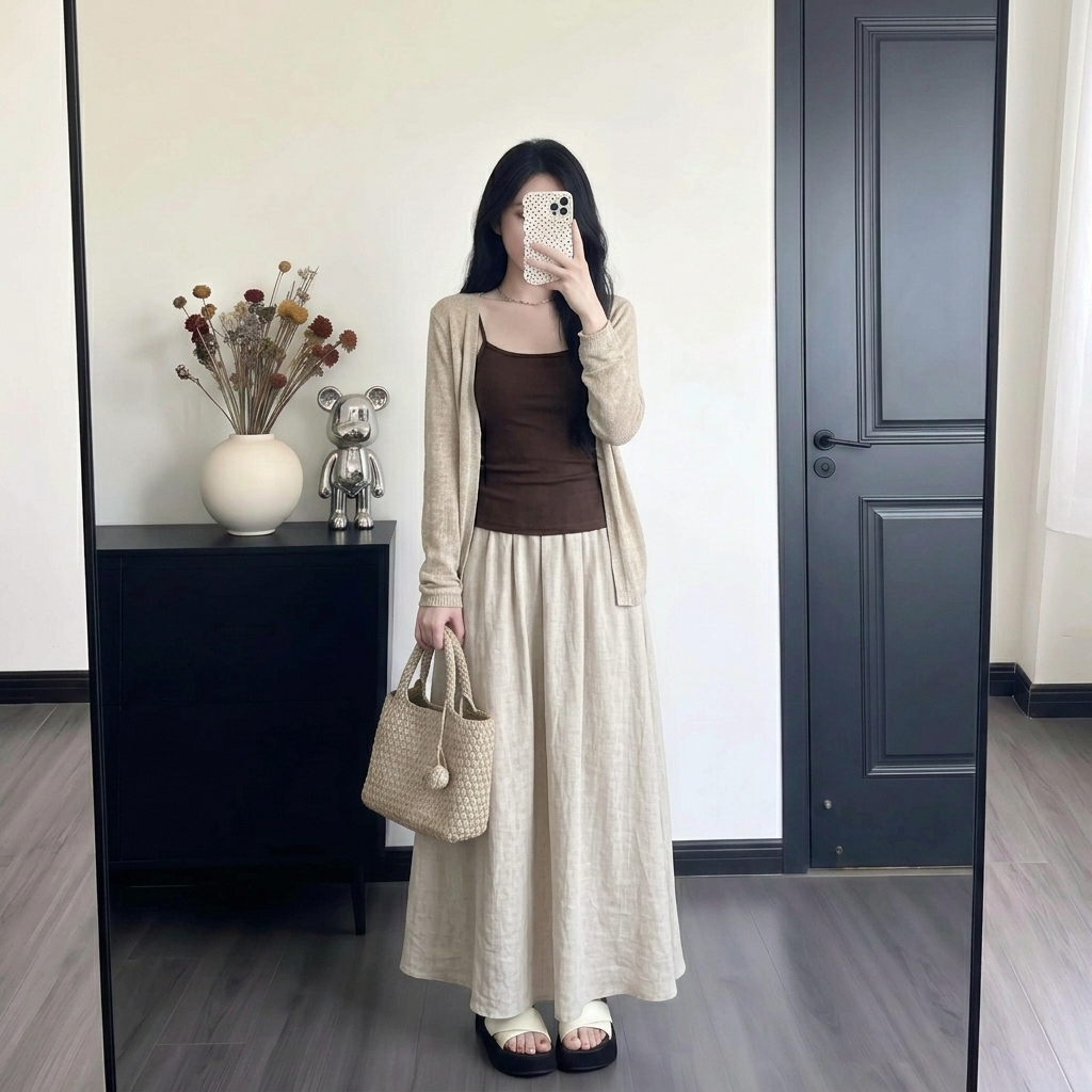 Set bộ 3 món nữ chân váy maxi dài xòe bồng áo hai dây ôm kèm áo khoác cardigan mỏng phong cách nàng thơ HCOM27304