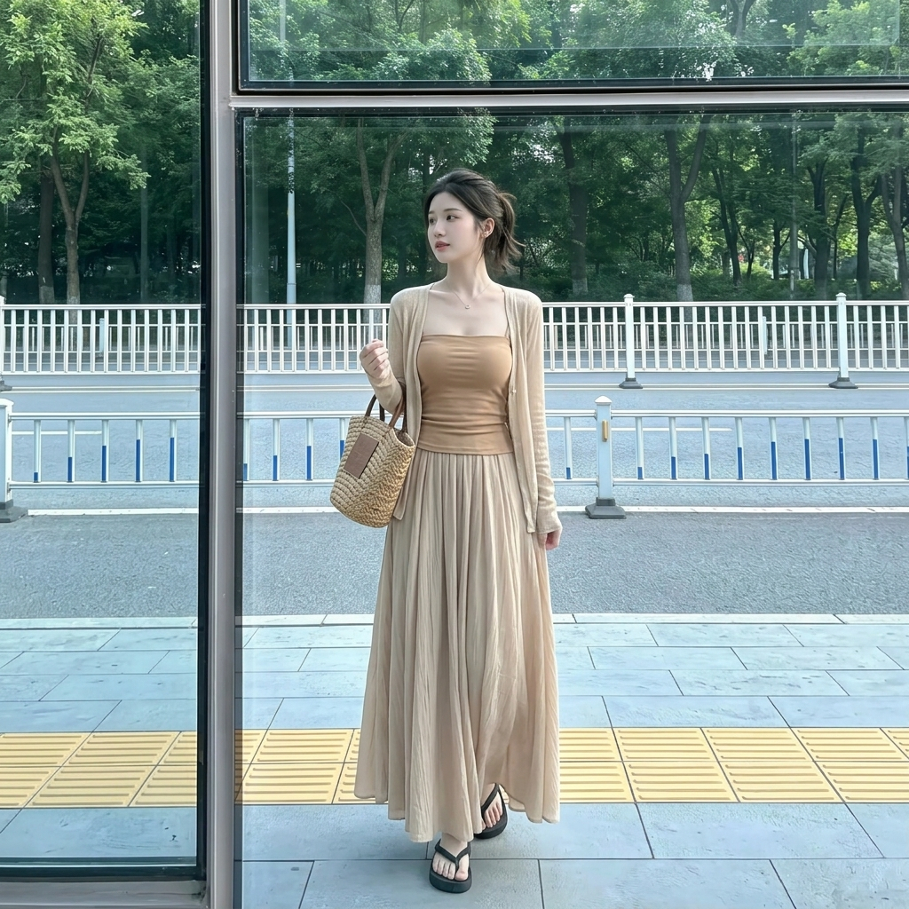 Set bộ 3 món nữ chân váy maxi dài xòe bồng áo hai dây ôm kèm áo khoác cardigan mỏng phong cách nàng thơ HCOM27304