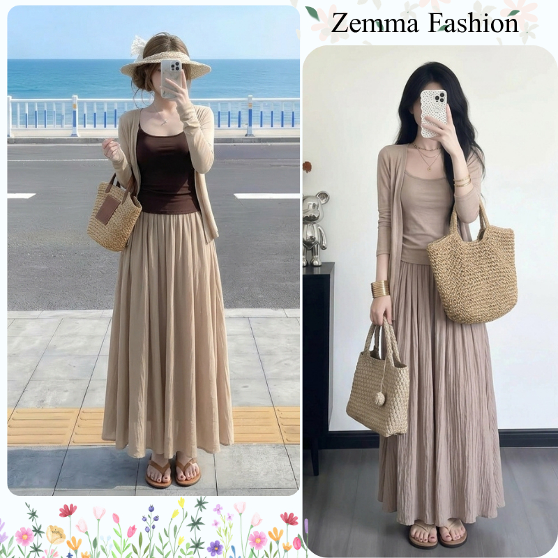 Set bộ 3 món nữ chân váy maxi dài xòe bồng áo hai dây ôm kèm áo khoác cardigan mỏng phong cách nàng thơ HCOM27304