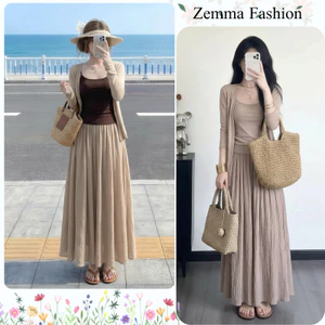 Set bộ 3 món nữ chân váy maxi dài xòe bồng áo hai dây ôm kèm áo khoác cardigan mỏng phong cách nàng thơ HCOM27304
