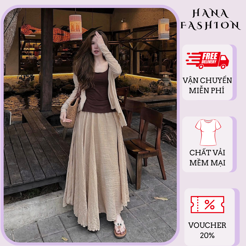 Outfit đi cafe vintage set váy dài 3 món áo hai dây khoác voan mỏng chân váy maxi xòe dập nhăn tôn dáng HCOM27304