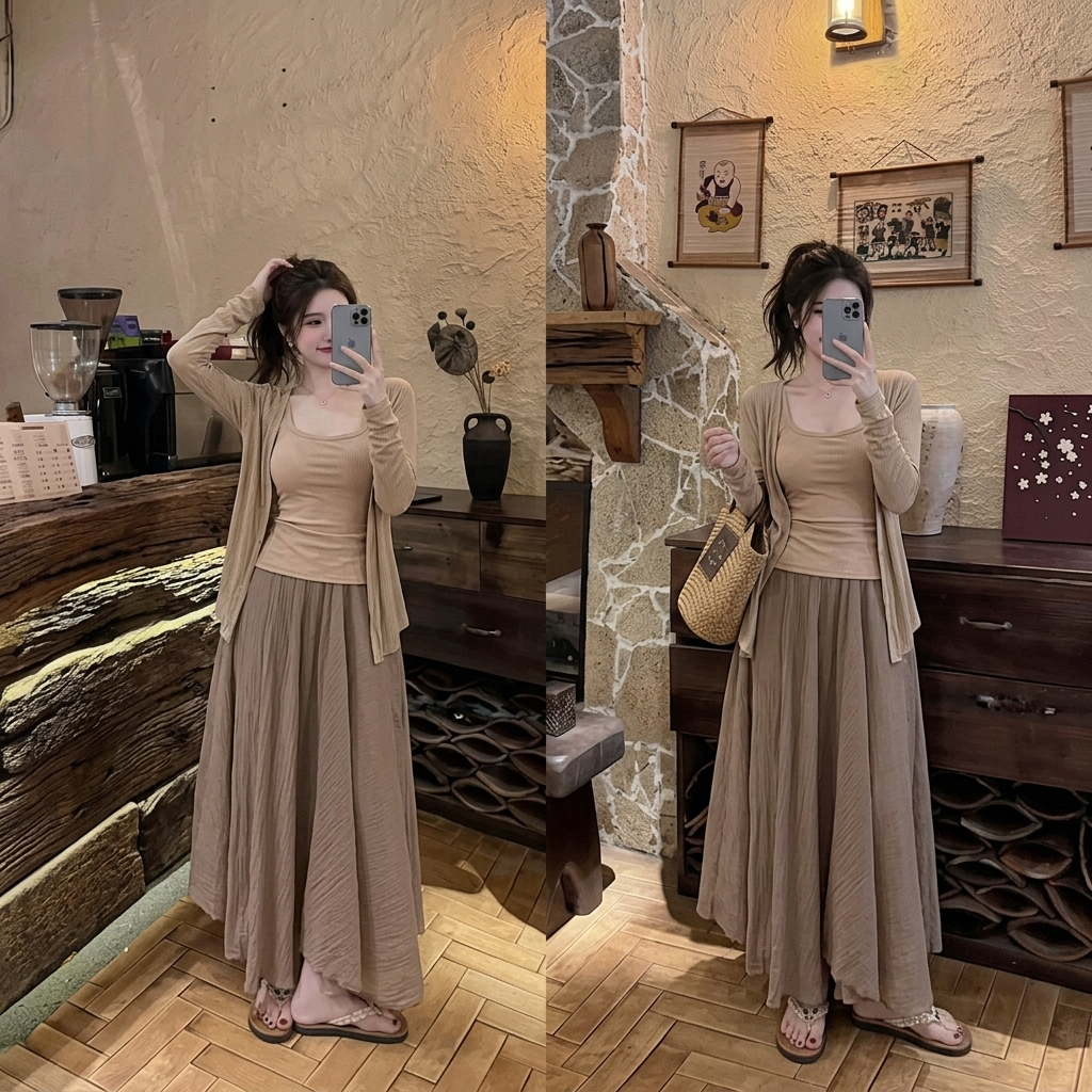 Outfit đi cafe vintage set váy dài 3 món áo hai dây khoác voan mỏng chân váy maxi xòe dập nhăn tôn dáng HCOM27304