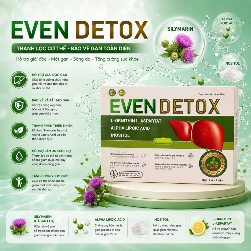 Even Detox Viên Uống Bảo Vệ Gan Tăng Cường Chức Năng Gan Với L-Ornithin L-Aspartat Alpha Lipoic Acid Inositol 60 Viên