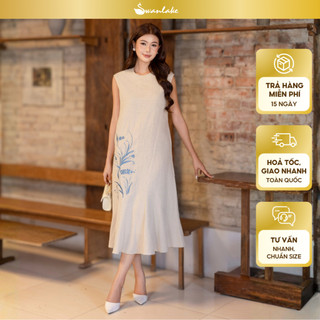 SWANLAKE | Váy Đầm Nữ Suông Sát Nách Cổ Tròn Đuôi Cá Vải Linen Thêu Hoa Cao Cấp Thanh Lịch D13313