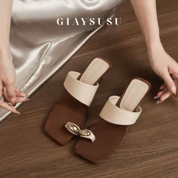 Dép Cao Gót Nữ, Sandal Nữ Mũi Vuông Công Sở, Guốc Nữ Đế Xuồng Thấp 5cm Da Mềm Quai Ngang Sang Chảnh Đi Làm SU SU GD079