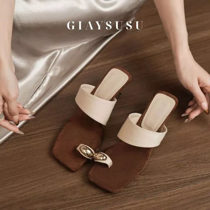 Dép Cao Gót Nữ, Sandal Nữ Mũi Vuông Công Sở, Guốc Nữ Đế Xuồng Thấp 5cm Da Mềm Quai Ngang Sang Chảnh Đi Làm SU SU GD079